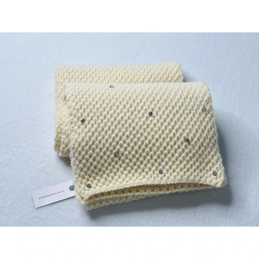 Maeve By Anthropologie Womens Luxury Cream Rhinestone Waffle Knit Scarf 80